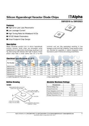 SMV2019-000 datasheet - Silicon Hyperabrupt Varactor Diode Chips