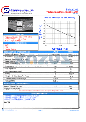 SMV2020L datasheet - LOW COST - HIGH PERFORMANCE VOLTAGE CONTROLLED OSCILLATOR