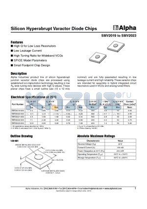 SMV2022-000 datasheet - Silicon Hyperabrupt Varactor Diode Chips