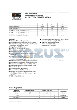 V53C1256162VAUS7I datasheet - 256Mbit MOBILE SDRAM 2.5 VOLT FBGA PACKAGE 16M X 16