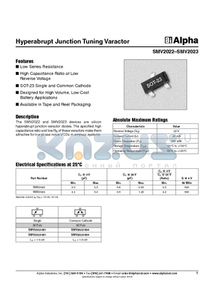 SMV2023-001 datasheet - Hyperabrupt Junction Tuning Varactor