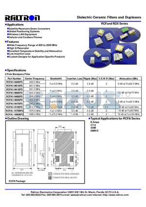 RCFA1-947BP2 datasheet - Dielectric Ceramic Filters and Duplexers