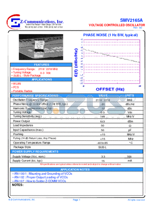 SMV2165A datasheet - LOW COST - HIGH PERFORMANCE VOLTAGE CONTROLLED OSCILLATOR