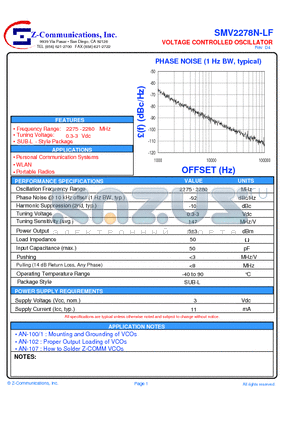 SMV2278N-LF datasheet - VOLTAGE CONTROLLED OSCILLATOR