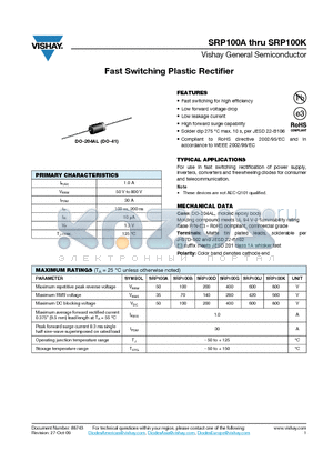 SRP100B datasheet - Fast Switching Plastic Rectifier