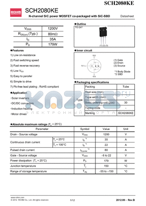 SCH2080KE datasheet - N-channel SiC power MOSFET co-packaged with SiC-SBD