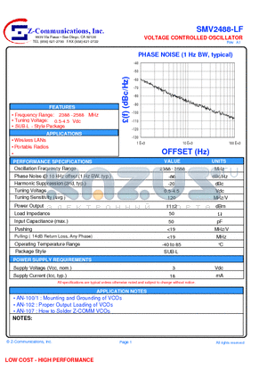 SMV2488-LF datasheet - VOLTAGE CONTROLLED OSCILLATOR