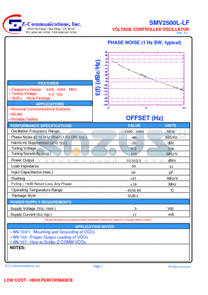 SMV2500L-LF datasheet - VOLTAGE CONTROLLED OSCILLATOR