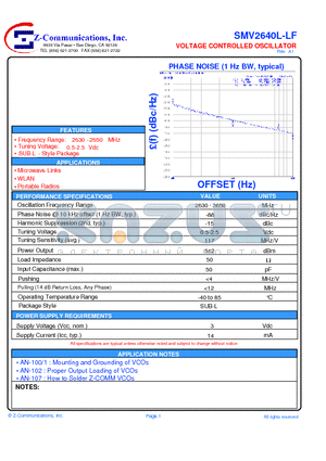 SMV2640L-LF datasheet - VOLTAGE CONTROLLED OSCILLATOR