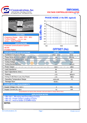 SMV3000L datasheet - LOW COST - HIGH PERFORMANCE VOLTAGE CONTROLLED OSCILLATOR