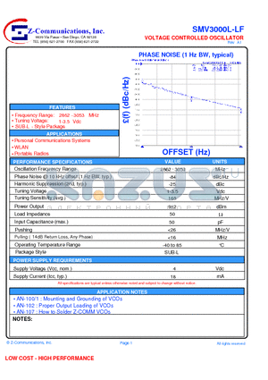 SMV3000L-LF datasheet - VOLTAGE CONTROLLED OSCILLATOR