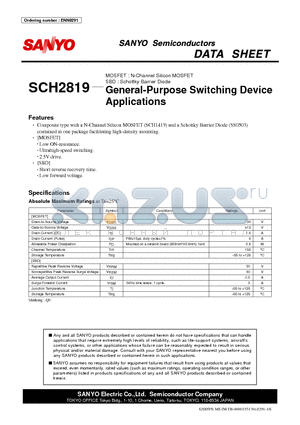 SCH2819 datasheet - MOSFET : N-Channel Silicon MOSFET SBD : Schottky Barrier Diode General-Purpose Switching Device