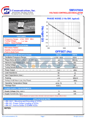 SMV4700A datasheet - LOW COST - HIGH PERFORMANCE VOLTAGE CONTROLLED OSCILLATOR