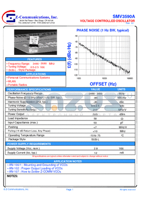 SMV3590A datasheet - LOW COST - HIGH PERFORMANCE VOLTAGE CONTROLLED OSCILLATOR