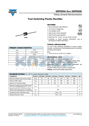 SRP600J-E3-54 datasheet - Fast Switching Plastic Rectifier