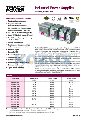 TSP600-148 datasheet - Industrial Power Supplies TSP Series, 90-600 Watt