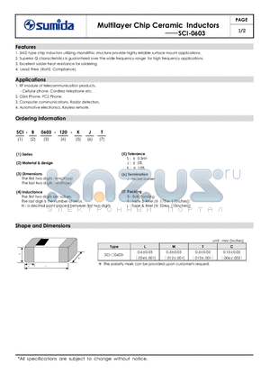 SCI-B0603-121 datasheet - Multilayer Chip Ceramic Inductors