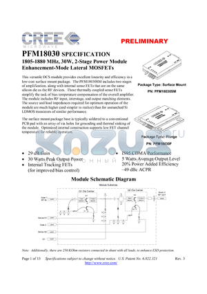 PFM18030 datasheet - 1805-1880 MHz, 30W, 2-Stage Power Module Enhancement-Mode Lateral MOSFETs