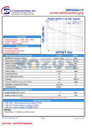 SMV6200A-LF datasheet - VOLTAGE CONTROLLED OSCILLATOR