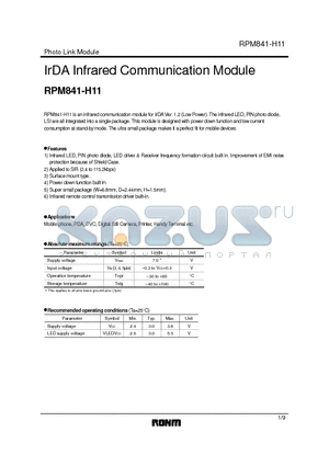 RPM841-H11 datasheet - IrDA Infrared Communication Module