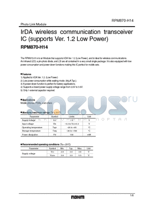 RPM870-H14 datasheet - IrDA wireless communication transceiver IC (supports Ver. 1.2 Low Power)