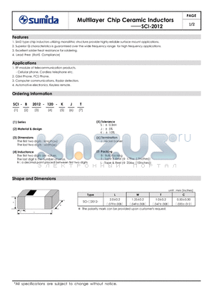 SCI-B2012-150 datasheet - Multilayer Chip Ceramic Inductors