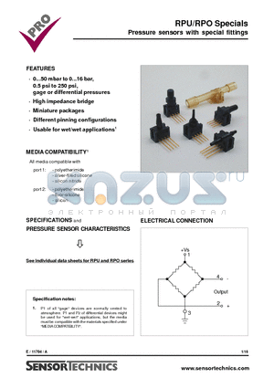 RPOM100G2C datasheet - Pressure sensors with special fittings