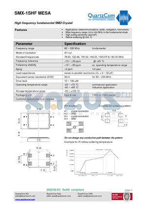 SMX-1SHFMESA datasheet - High frequency fundamental SMD Crystal Reflow soldering @ 260