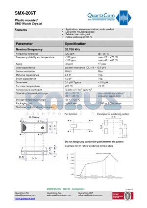 SMX-206T datasheet - Plastic moulded SMD Watch Crystal Reflow soldering @ 260 `C