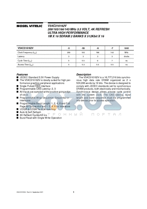 V54C316162V-7 datasheet - 200/183/166/143 MHz 3.3 VOLT, 4K REFRESH ULTRA HIGH PERFORMANCE 1M X 16 SDRAM 2 BANKS X 512Kbit X 16