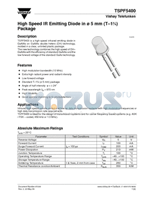 TSPF5400 datasheet - High Speed IR Emitting Diode in ^5 mm (T-13/4) Package