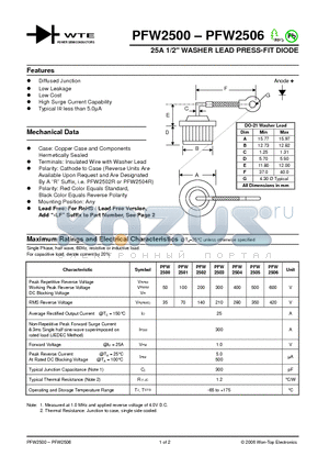 PFW2501 datasheet - 25A 1/2 WASHER LEAD PRESS-FIT DIODE