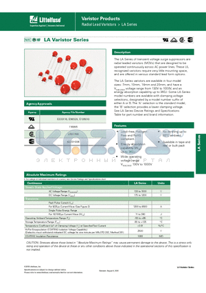 V575LA10P datasheet - Radial Lead Varistors