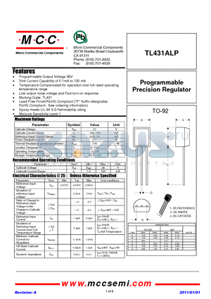 TL431ALP datasheet - Programmable Precision Regulator