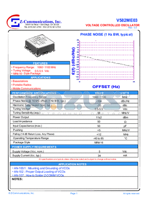 V582ME03 datasheet - LOW COST - HIGH PEROFRMANCE VOLTAGE CONTROLLED OSCILLATOR