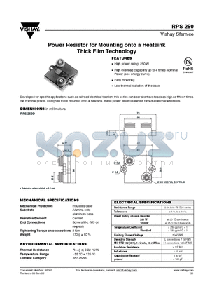 RPS250L250U10ZA3B015E datasheet - Power Resistor for Mounting onto a Heatsink Thick Film Technology
