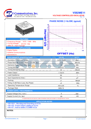 V582ME11 datasheet - LOW COST - HIGH PERFORMANCE VOLTAGE CONTROLLED OSCILLATOR