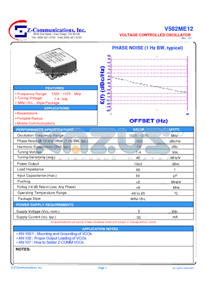 V582ME12 datasheet - LOW COST - HIGH PERFORMANCE VOLTAGE CONTROLLED OSCILLATOR