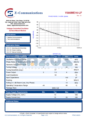 V585ME16-LF datasheet - Voltage-Controlled Oscillator Surface Mount Module