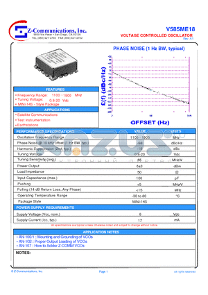 V585ME18 datasheet - LOW COST - HIGH PERFORMANCE VOLTAGE CONTROLLED OSCILLATOR