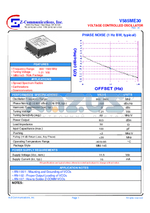 V585ME30 datasheet - LOW COST - HIGH PERFORMANCE VOLTAGE CONTROLLED OSCILLATOR