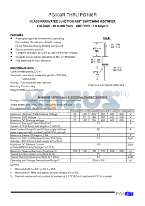 PG101R datasheet - GLASS PASSIVATED JUNCTION FAST SWITCHING RECTIFIER(VOLTAGE - 50 to 800 Volts CURRENT - 1.0 Ampere)