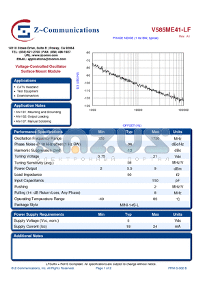 V585ME41-LF datasheet - Voltage-Controlled Oscillator Surface Mount Module