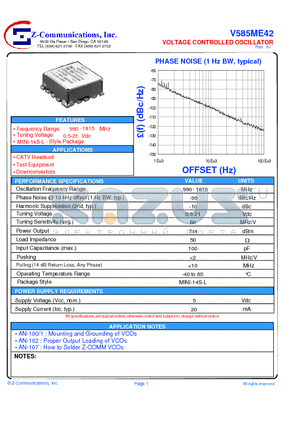 V585ME42 datasheet - LOW COST - HIGH PERFORMANCE VOLTAGE CONTROLLED OSCILLATOR