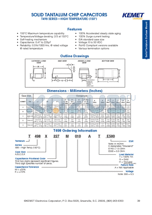 T498A105K010AGE500 datasheet - SOLID TANTALUM CHIP CAPACITORS