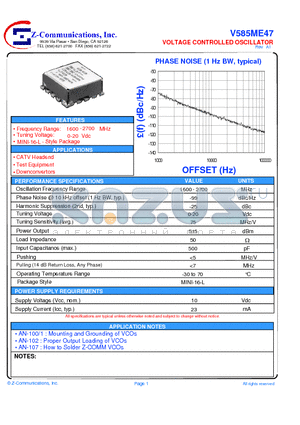 V585ME47 datasheet - LOW COST - HIGH PERFORMANCE VOLTAGE CONTROLLED OSCILLATOR