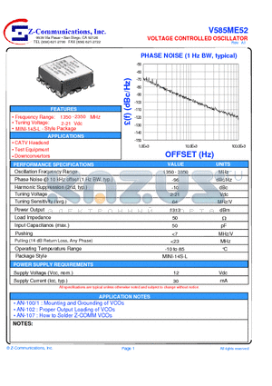 V585ME52 datasheet - LOW COST - HIGH PERFORMANCE VOLTAGE CONTROLLED OSCILLATOR