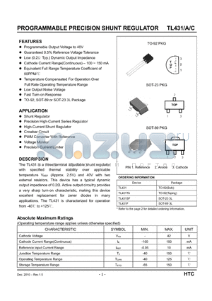 TL431ATA datasheet - PROGRAMMABLE PRECISION SHUNT REGULATOR