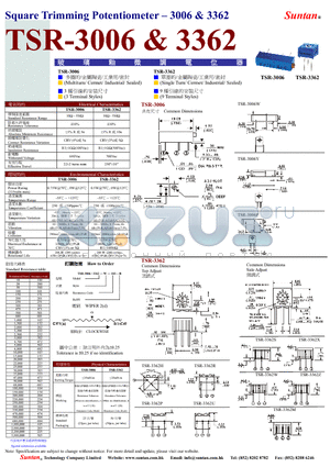 TSR-3006 datasheet - Square Trimming Potentiometer - 3006 & 3362