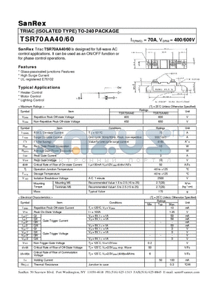 TSR100AA40 datasheet - TRIAC (ISOLATED TYPE) TO-240 PACKAGE